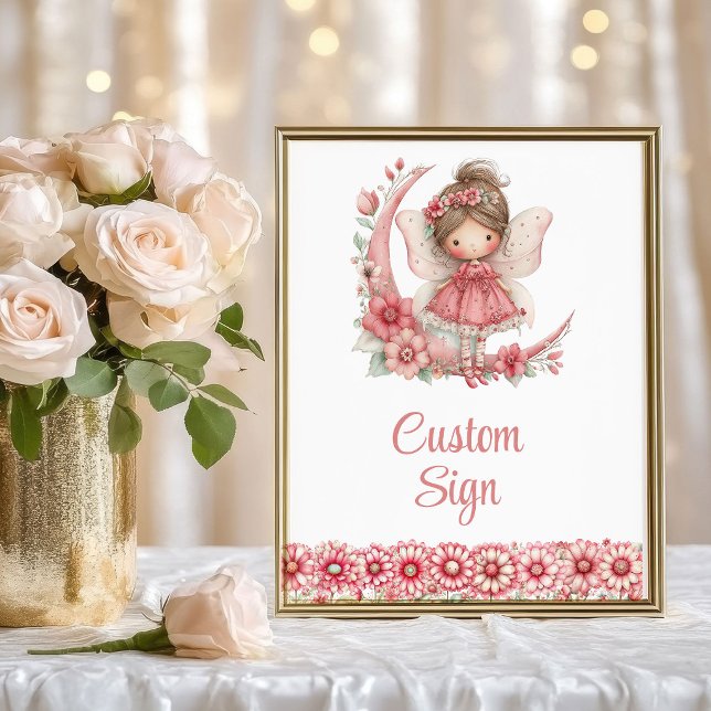 Poster Sparkling Fairy Girl Blush Floral Birthday Custom  (Sparkling Fairy Girl Blush Floral Birthday Custom Sign

)