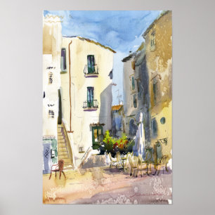 Poster Sperlonga Itália Aquarela Cidade Antiga Mediterrân