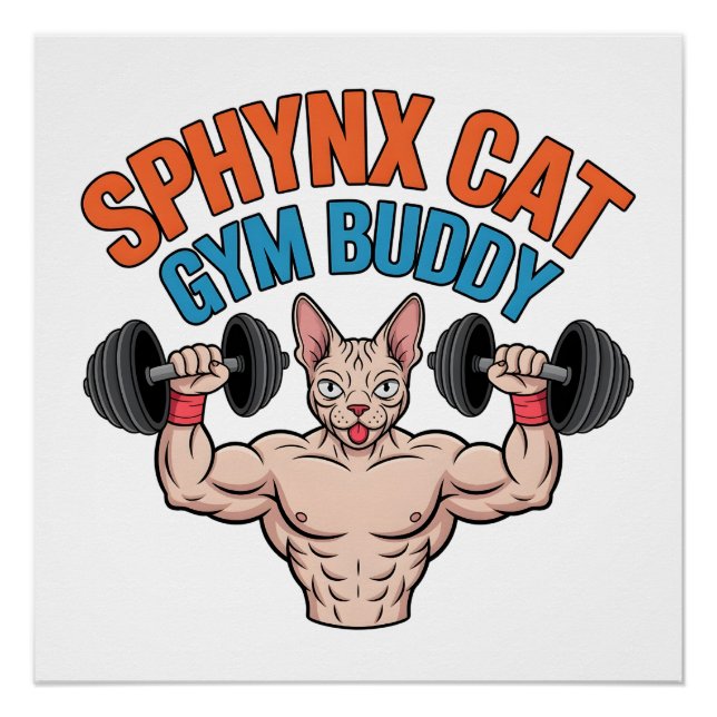 Pôster Sphynx Cat Gym Buddy Muscular Cartoon Art (Frente)