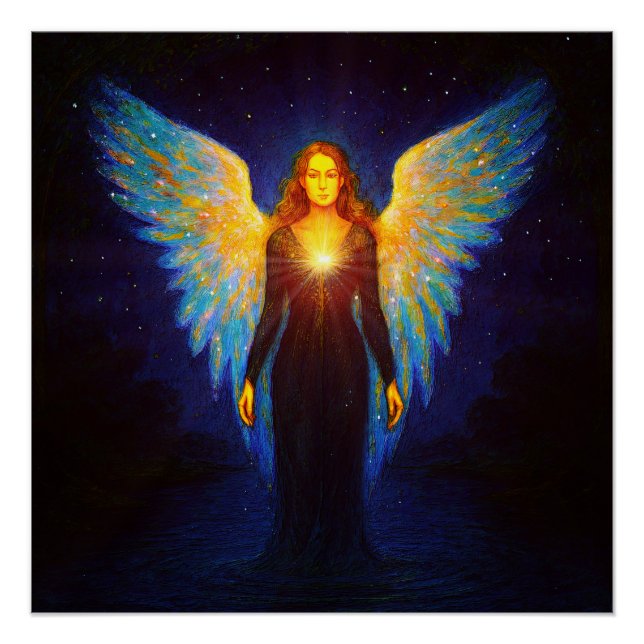 Pôster Spirituell Leuchtender Engel bei Nacht am See (Frente)