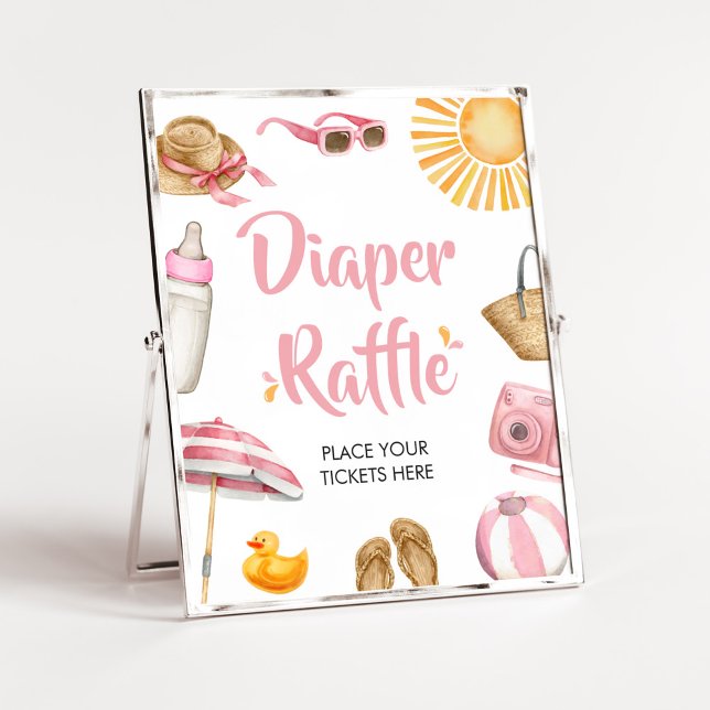 Poster Splash Fralda de  de Chá de fraldas rosa (Girl Summer Beach Baby Shower Diaper Raffle Sign)