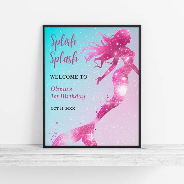 Poster Splash Splash Smermaid Girl primeiro aniversario B (Splish Splash Mermaid Girl 1st Birthday Welcome Sign )