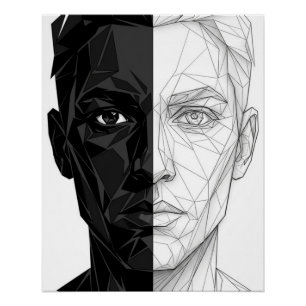 Pôster Split Face Low Poly Geometric Line Art Poster