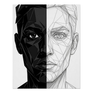 Pôster Split Face Low Poly Geometric Line Art Poster