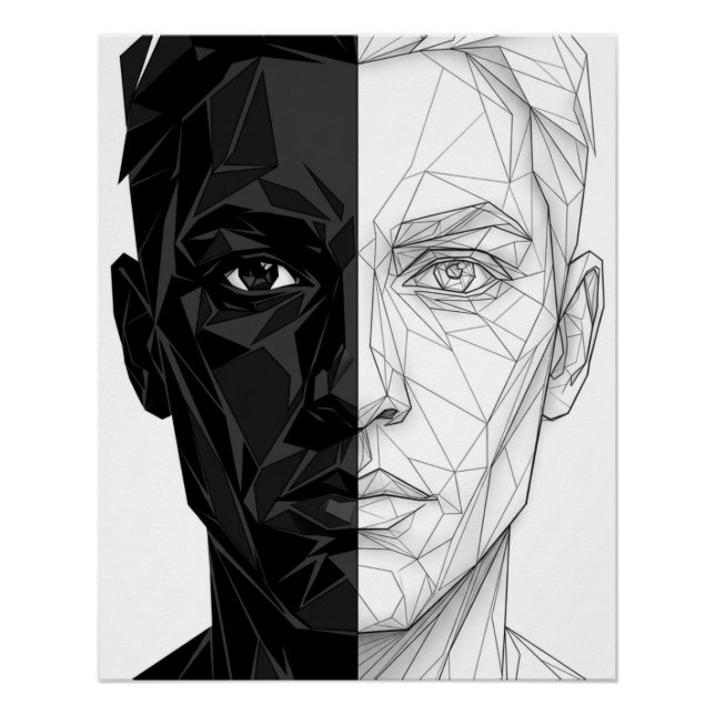 Pôster Split Face Low Poly Geometric Line Art Poster (Frente)