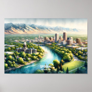 Poster Spokane Washington Famoso Viagem Places aquarela
