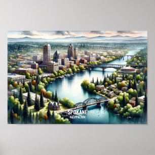 Poster Spokane Washington Famoso Viagem Places aquarela