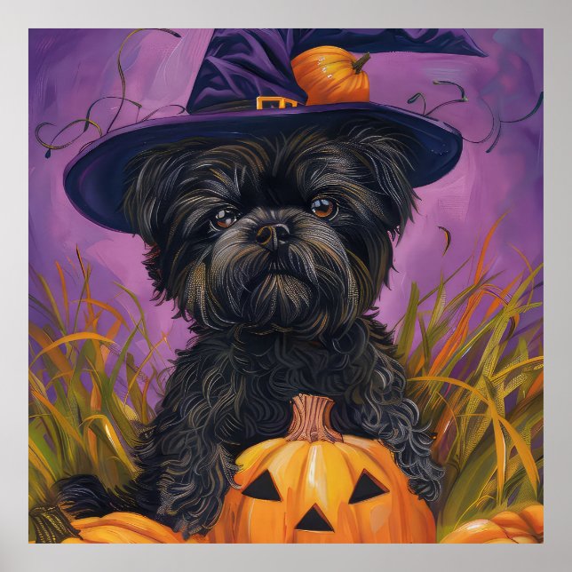 Poster Spooky Affenpinscher Halloween Witch e Pumpkin (Frente)