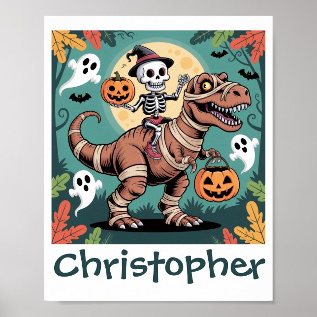 Poster Spooky Dino Rider - Esqueleto na mamãe T-Rex (Frente)