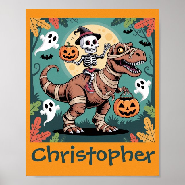 Poster Spooky Dino Rider - Esqueleto na mamãe T-Rex (Frente)