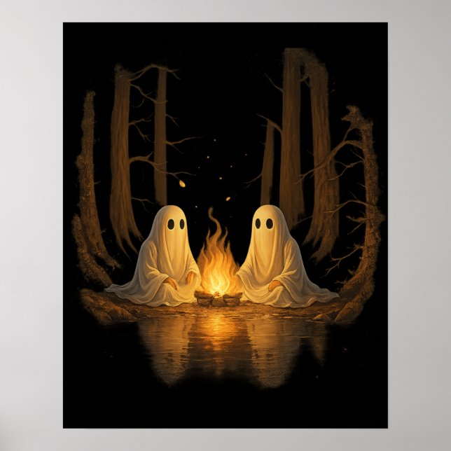 Poster Spooky Ghost Campfire Night Forest Art - Halloween (Frente)