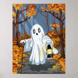 Poster Spooky Ghost with Lantern in Autumn Forest