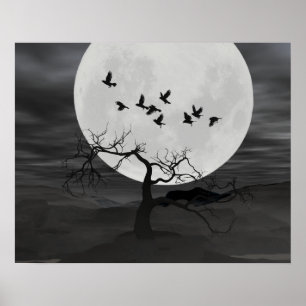 Poster Spooky Ravens Voando Contra a Lua Cheia