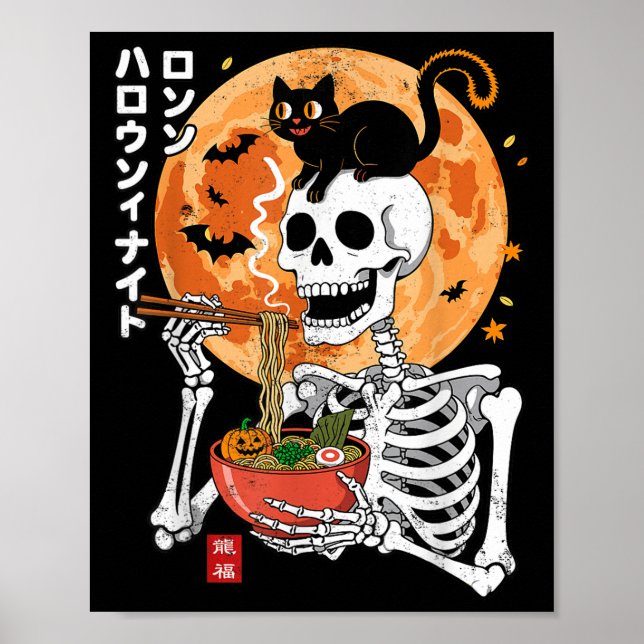 Poster Spooky Skeleton Eating Ramen Bowl With Cat Hallowe (Frente)