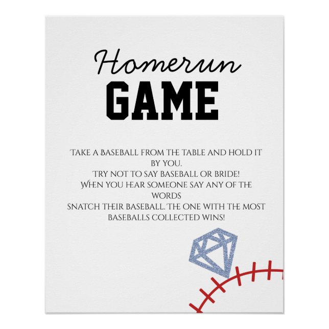 Pôster Sports Baseball Homerun Glitter Bridal Shower Game (Frente)