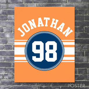 Poster Sports Jersey Blue e Orange Strips Número de Nome