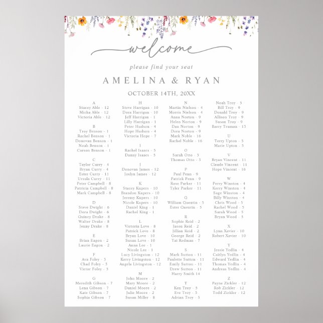Poster Spring Color Wildflower Alphabetical Seating Chart (Frente)