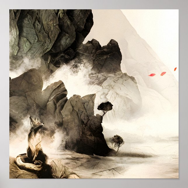 Poster Spring Mystic Fox Misty Mountain Minimalist Zen (Frente)