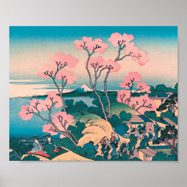 Poster Spring Picnic under Cherry Tree Flowers Mount Fuji (Frente)