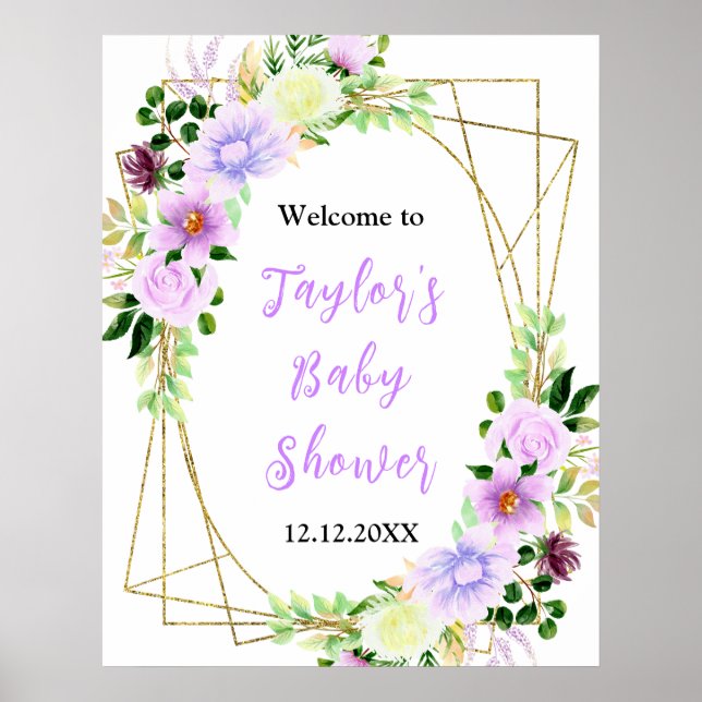Poster Spring Purple Floral Baby Shower Welcome Sign (Frente)