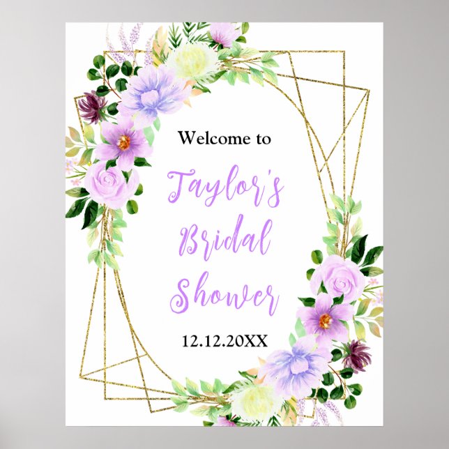 Poster Spring Purple Floral Bridal Shower Welcome Sign (Frente)