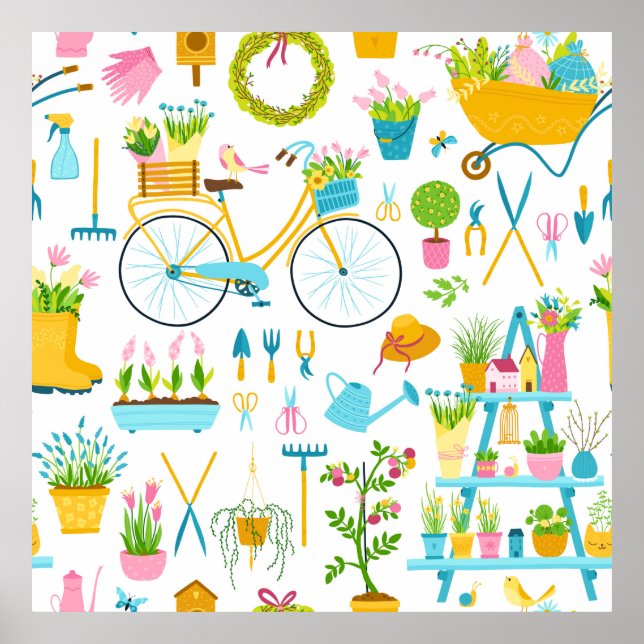 Poster Spring seamless pattern in simple hand-drawn carto (Frente)