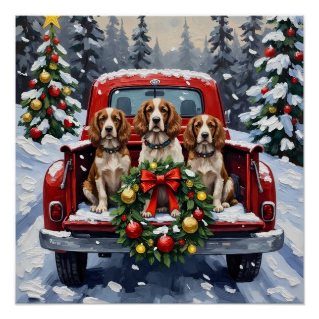 Pôster Springer Spaniel Christmas Red Truck Holiday (Frente)