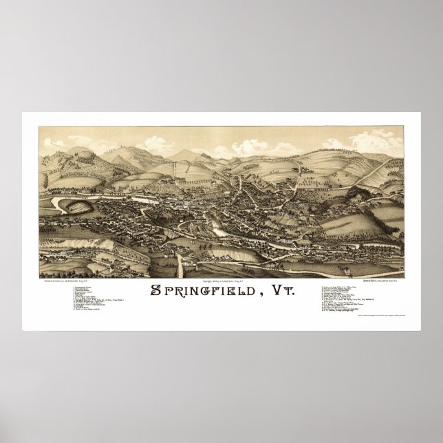 Pôster Springfield, Mapa Panorâmico VT - 1886 (Frente)