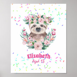 Poster Sprinkles SLOTH Boho Girls Pink Flowers Gifs Bonit