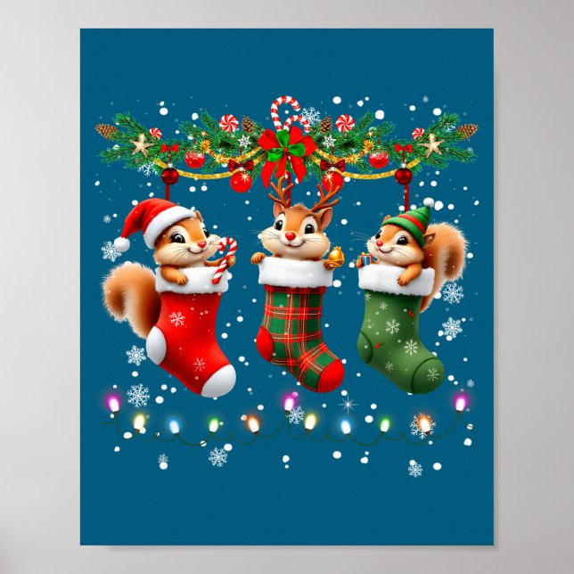 Poster Squirrel In Christmas Socks Lights Squirrel Xmas  (Frente)