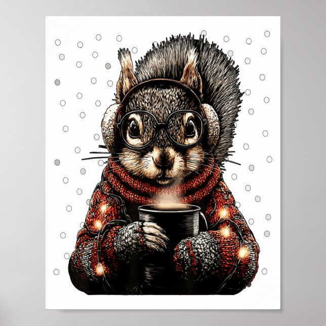 Poster Squirrel With Gles Christmas Lights Funny Coffee W (Frente)