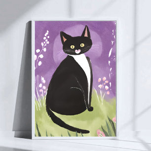 Poster Sr. Chonk Gato Tuxedo Aquarela Roxa
