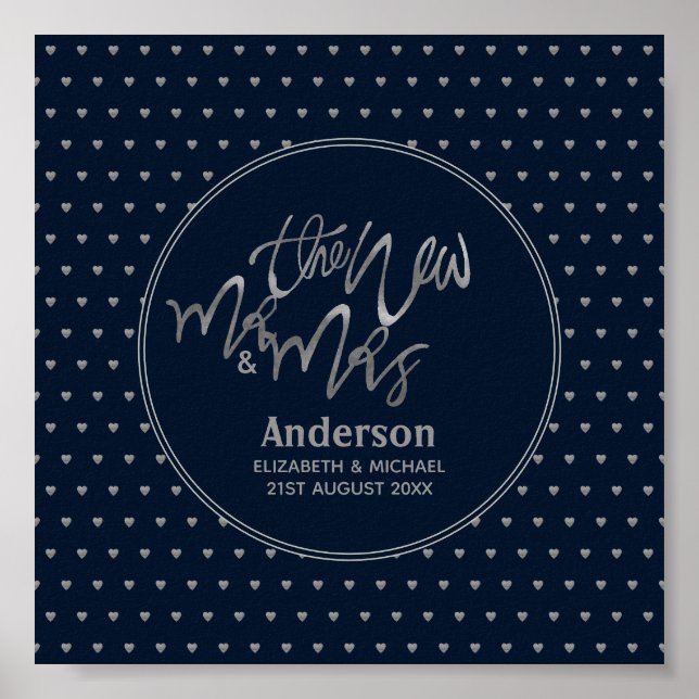 Poster Sr. e Sra. Marinho de Casamento Blue Silver Hearts (Frente)