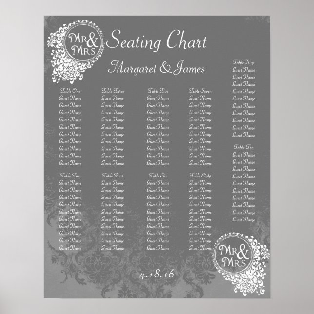 Pôster Sr. & Sra. Vintage Cinza Damask Seating Chart (Frente)