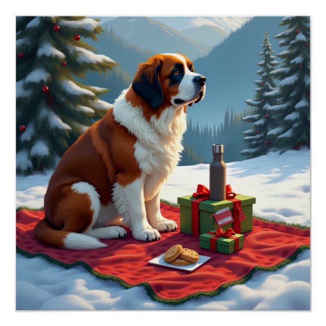 Pôster St. Bernard Winter Picnic Christmas Painting (Frente)