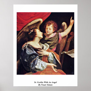 Poster St Cecilia com um anjo por Vouet Simon