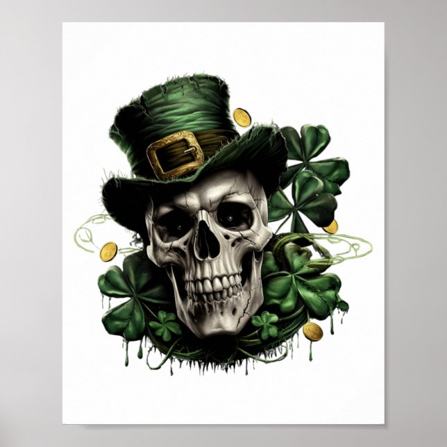 Poster St Patricks Day Dark Irish Skull With Shamrocks T  (Frente)