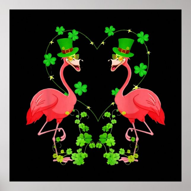 Poster St Patrick's Day Flamingo Shamrock Heart (Frente)