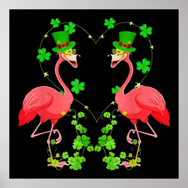 Poster St Patrick's Day Flamingo Shamrock Heart (Frente)