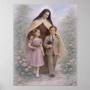 Poster St. Therese Guiando Crianças Rosas Católico