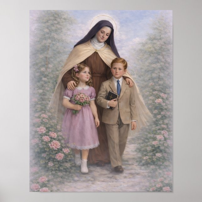 Poster St. Therese Guiding Children Roses Catholic (Frente)