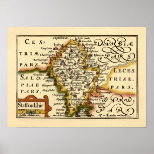 Poster Staffordshire County England Antigo Mapa Antiquári