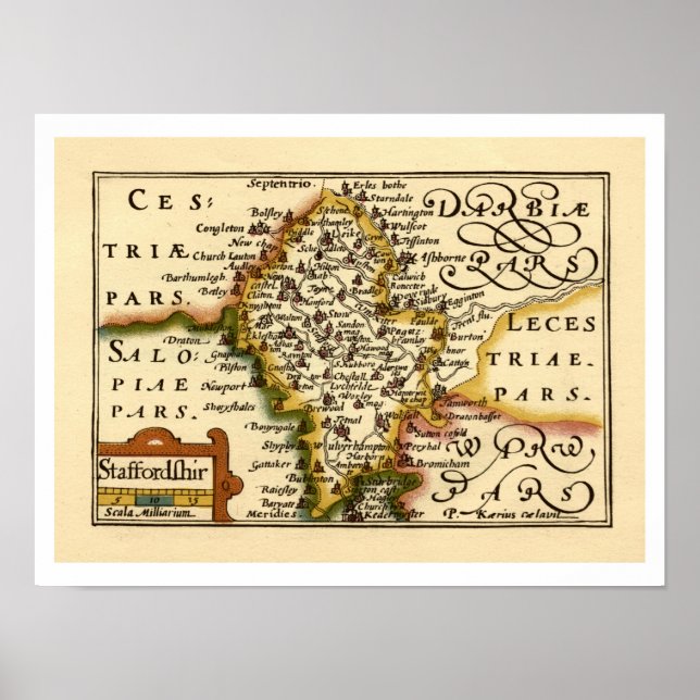 Poster Staffordshire County England Antigo Mapa Antiquári (Frente)