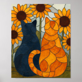 Poster Stained Glass Cats and Sunflowers Art Design