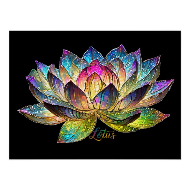 Pôster Stained Glass Colorful Lotus Flower on Black (Frente)
