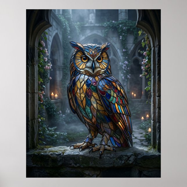 Poster Stained Glass Owl Moonlight (Frente)