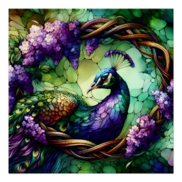 Pôster Stained Glass Peacock Floral Wreath Art