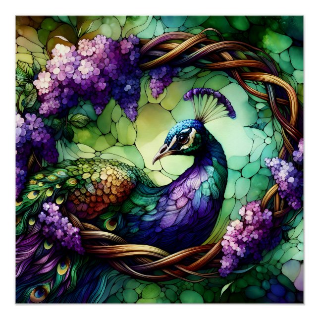 Pôster Stained Glass Peacock Floral Wreath Art (Frente)
