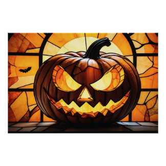 Pôster Stained Glass Scary Halloween Jack-O-Lantern 