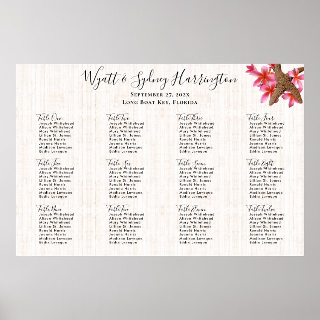 Poster Starfish Plumeria Wood Background Seating Chart (Frente)